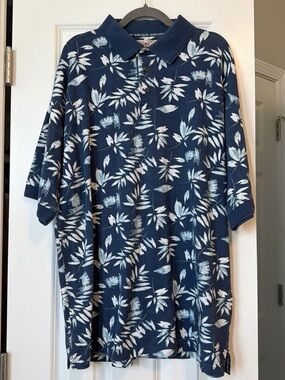 Men's Navy Leaf-Print Polo Shirt with White Contrast